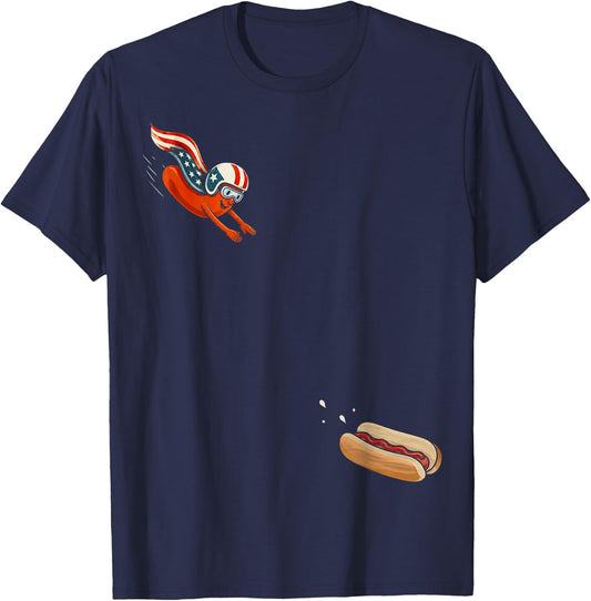 Hotdog Freedom Dive Patriotic Hot Dog Skydiving Into Bun T-Shirt - T-Shirt | Navy
