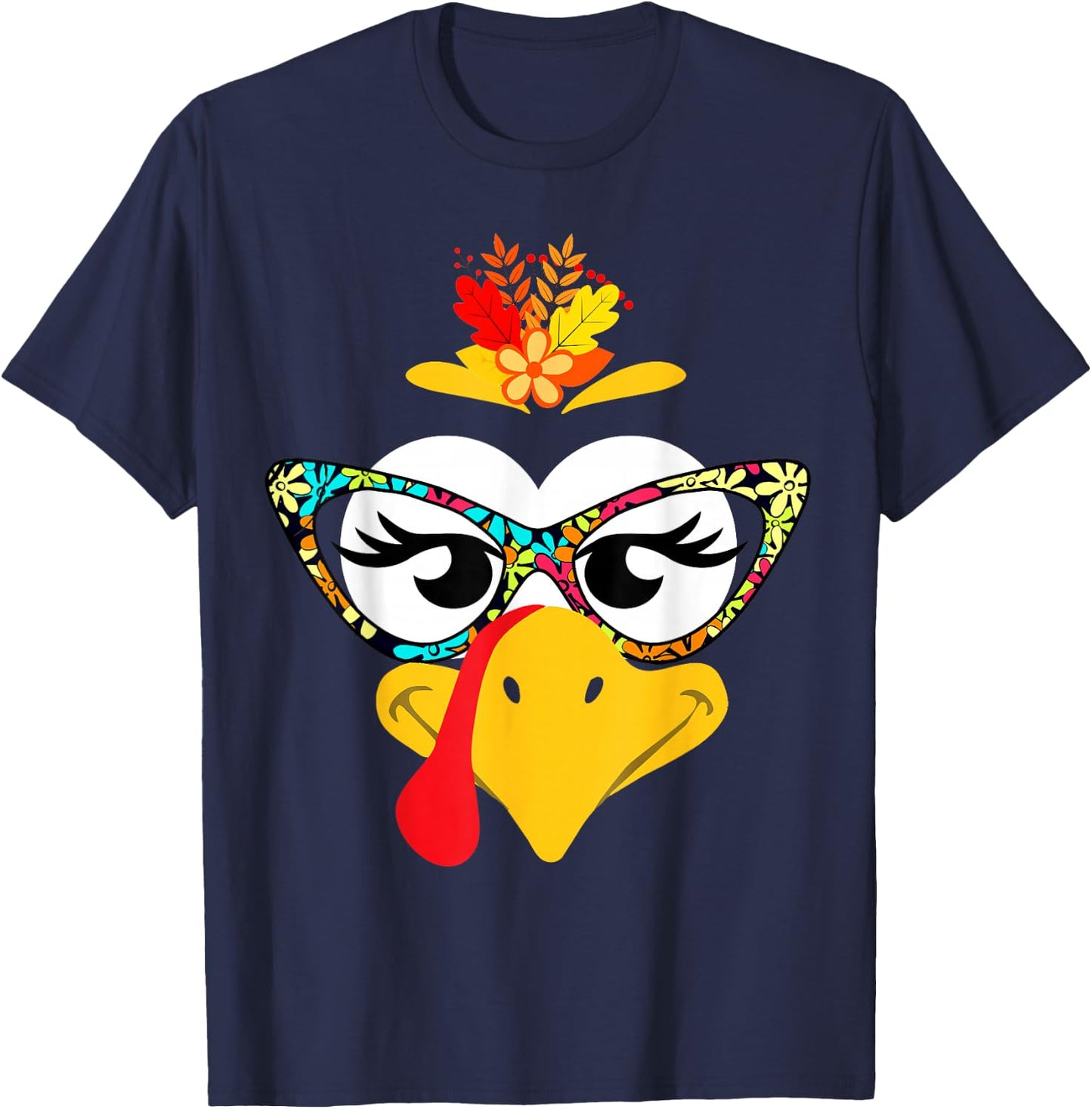 Thanksgiving Funny Turkey Face Colorful Floral Sunglasses T-Shirt - T-Shirt | Navy