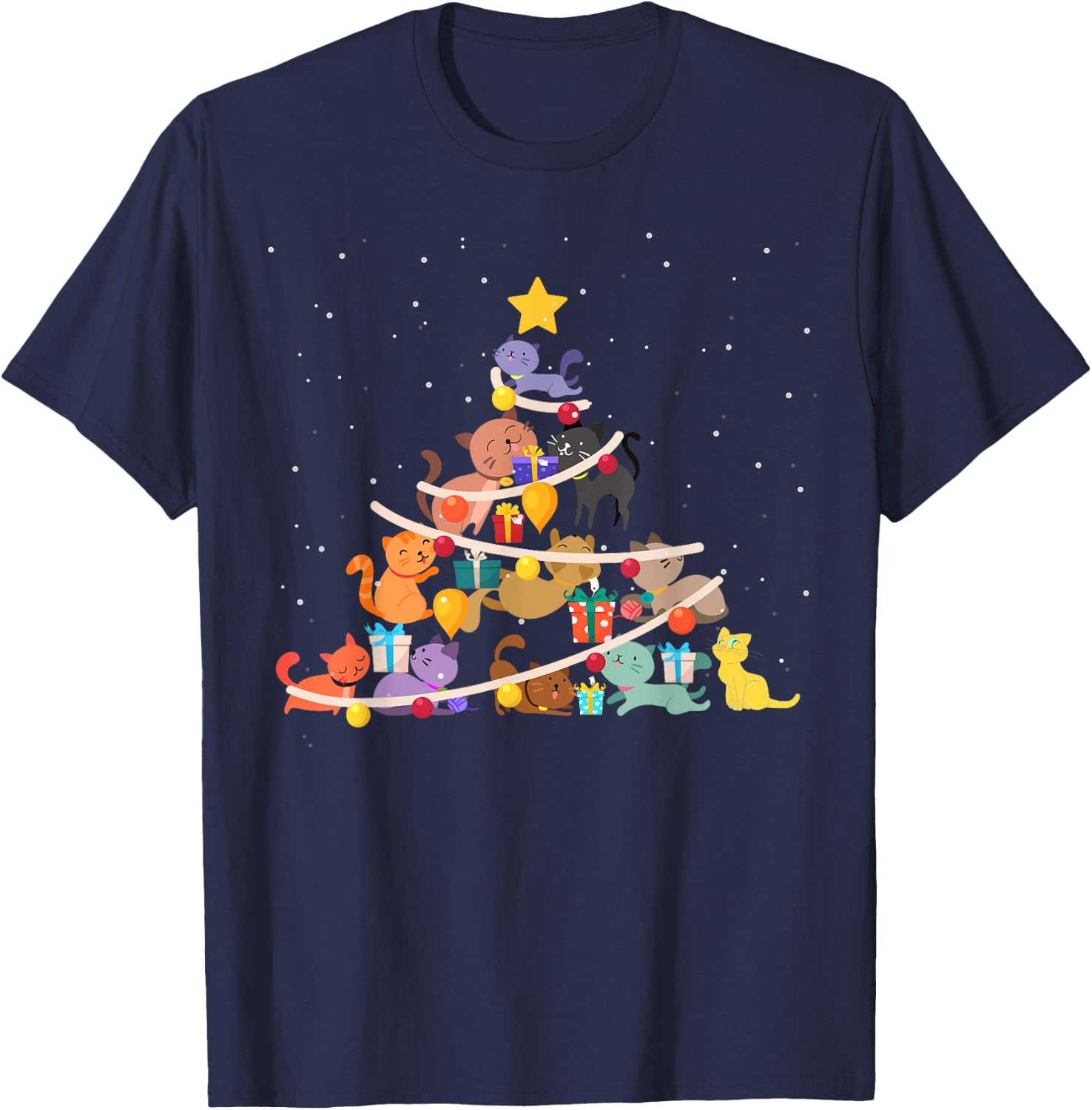Funny Cat Christmas Tree Cute Cats Design Women Men Girl Boy T-Shirt - T-Shirt | Navy