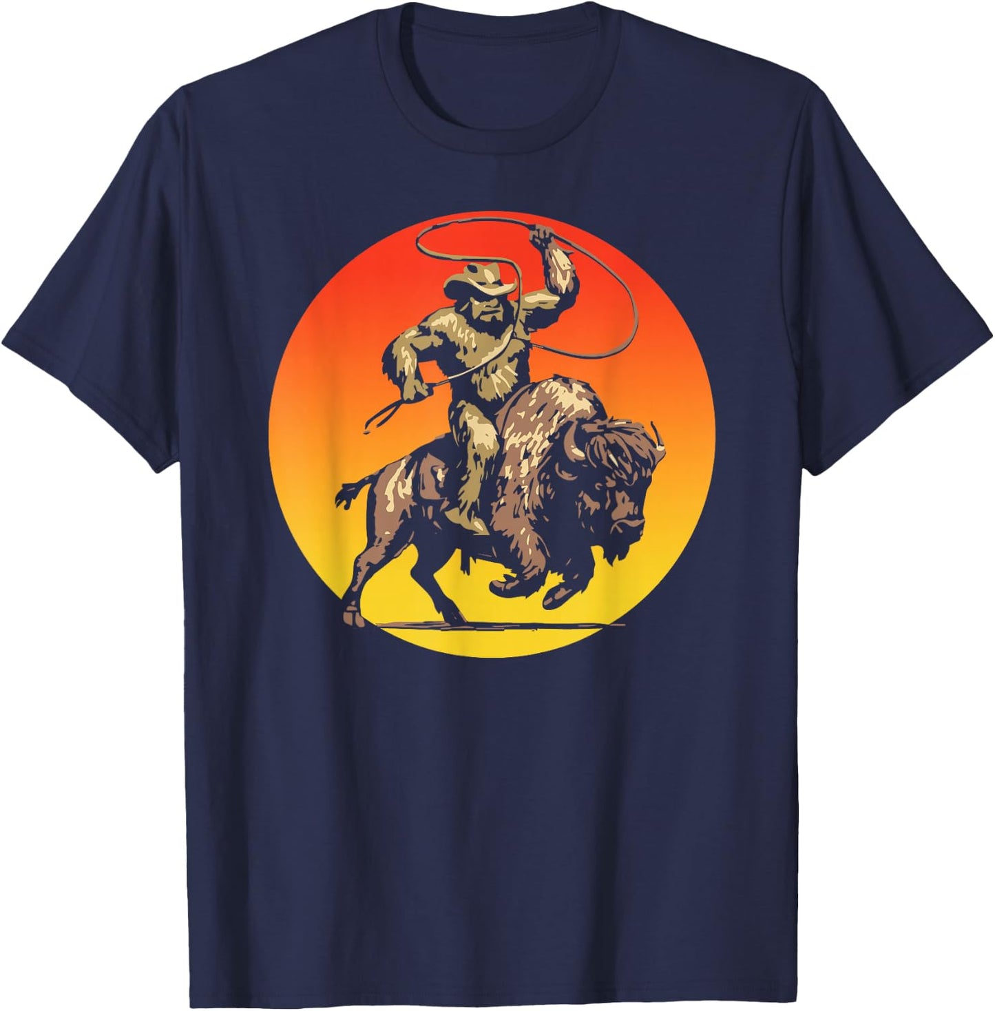 Sasquatch on a Bison Bigfoot Buffalo Outdoor Western T-Shirt - T-Shirt | Navy