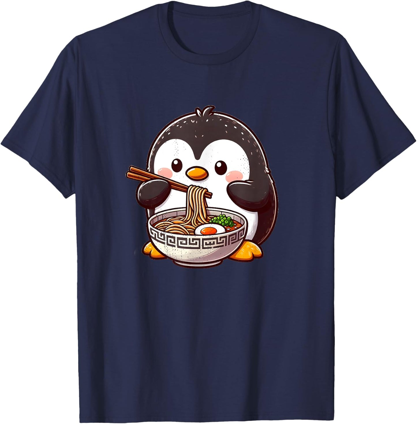 Cute Penguin Eating Ramen With Chopsticks , Black, S T-Shirt - T-Shirt | Navy
