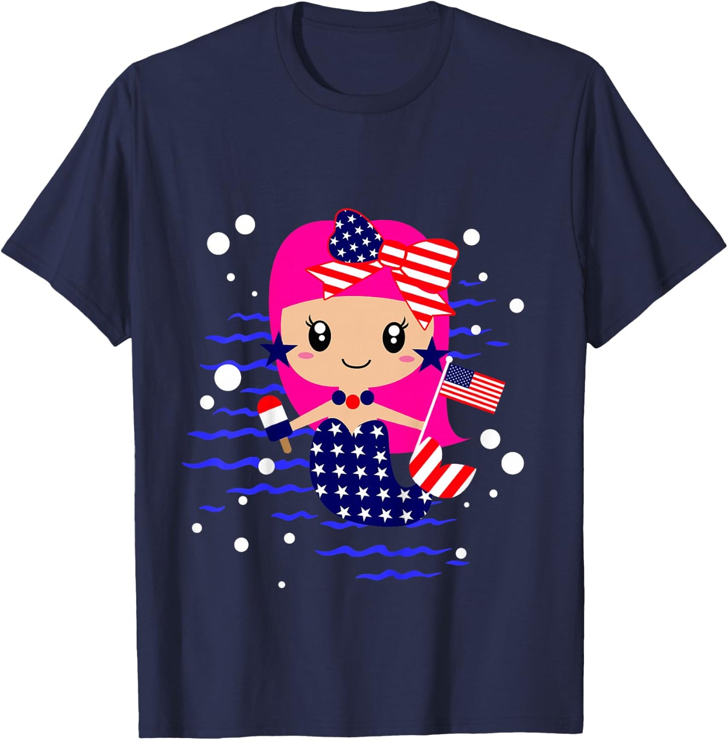 Girls 4th of July Cute Mermaid Toddler Patriotic Baby Flag T-Shirt - T-Shirt | Navy