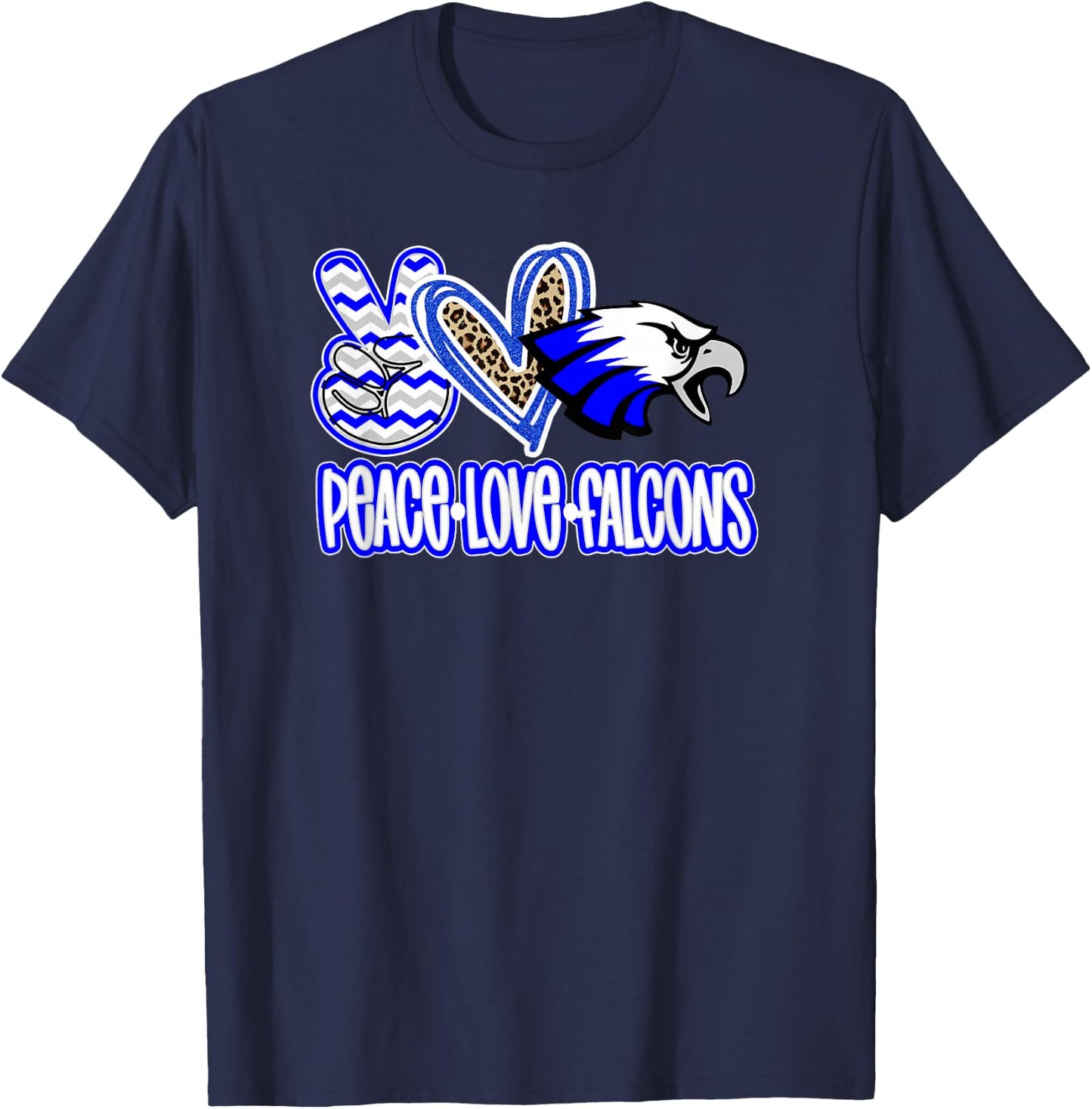 Peace Love Falcons School Spirit Blue White Falcons Mom T-Shirt - T-Shirt | Navy