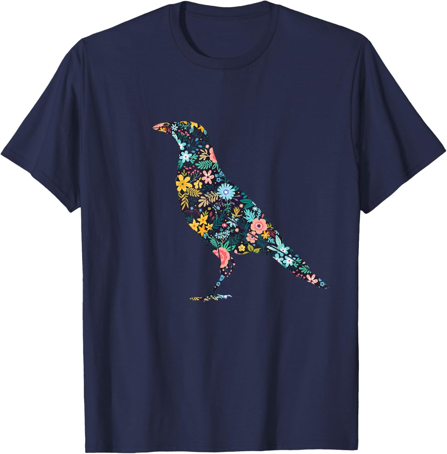 Floral Crow Silhouette Girls Graphic Raven T-Shirt - T-Shirt | Navy