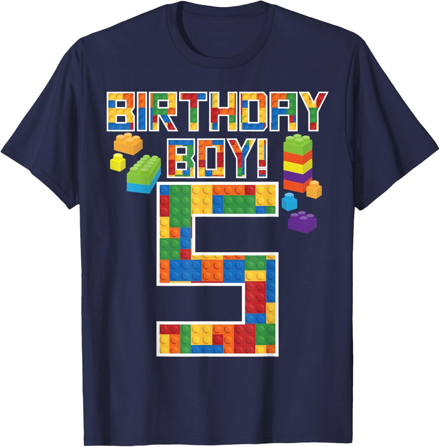 Cute 5th Birthday Gift 5 Years Old Block Building Boys Kids T-Shirt - T-Shirt | Navy