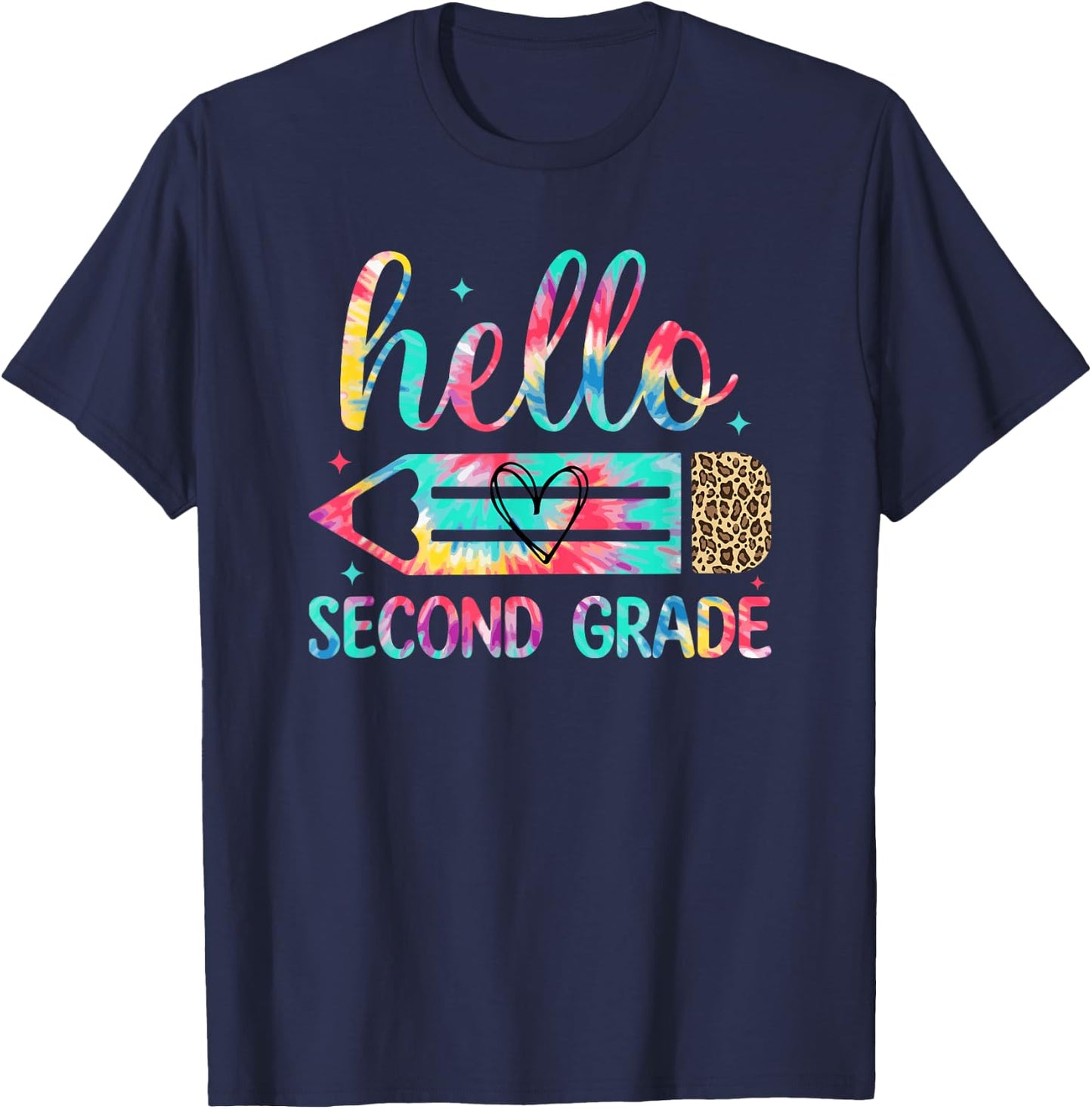 Back to School Hello Second 2nd Grade Leopard Tie Dye Pencil T-Shirt - T-Shirt | Navy