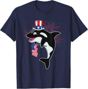 Orca Costume American Flag 4th of July Fireworks Lover T-Shirt - T-Shirt | Navy