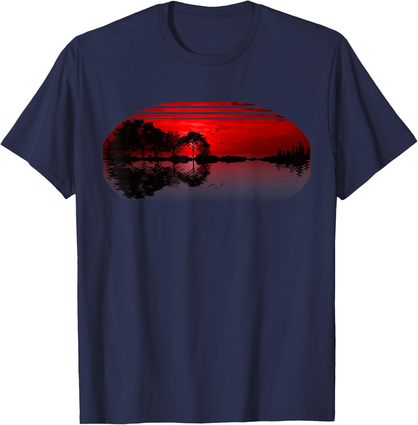 Guitar Sunset Sky Trees City Lake Reflection Special Design T-Shirt - T-Shirt | Navy
