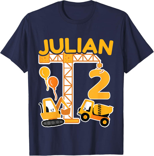 Children's 2nd Birthday First Name Julian Excavator Decoration Gift Boys , black T-Shirt - T-Shirt | Navy