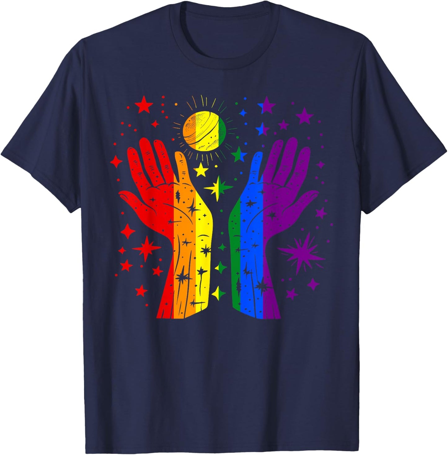 Rainbow Hands with Sun and Stars Gay Pride LGBT T-Shirt - T-Shirt | Navy