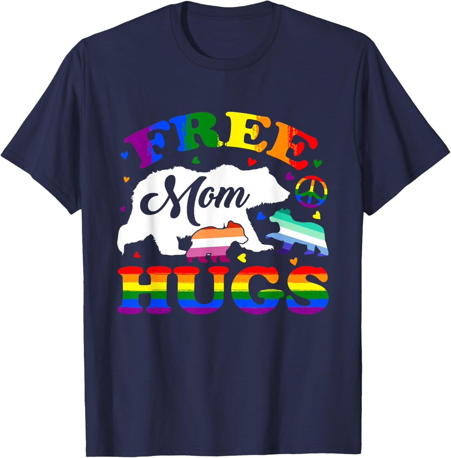 LGBTQ Pride Mama Bear Free Mom Hugs Vintage Rainbow Flag T-Shirt - T-Shirt | Navy