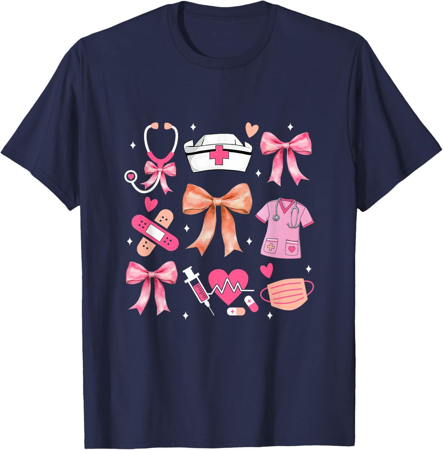 Cute Pink Coquette Bow Nurse Life Nursing Design T-Shirt - T-Shirt | Navy