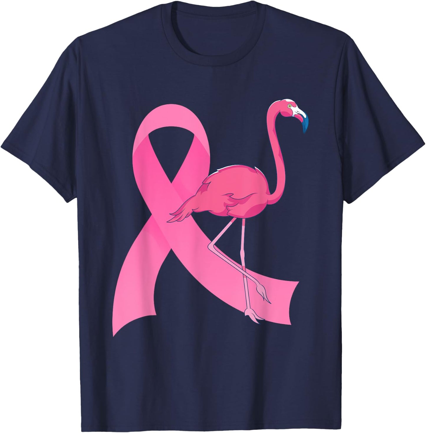 Exotic Animal Flamingo Pink Ribbon Breast Cancer Awareness T-Shirt - T-Shirt | Navy