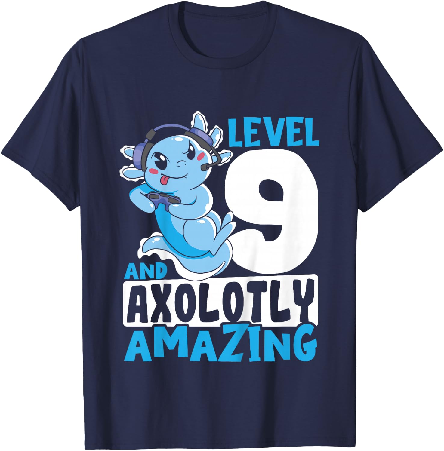 Kids Axolotl Birthday Gaming 9 Year Old Axolotl 9th Birthday T-Shirt - T-Shirt | Navy