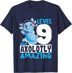 Kids Axolotl Birthday Gaming 9 Year Old Axolotl 9th Birthday T-Shirt - T-Shirt | Navy