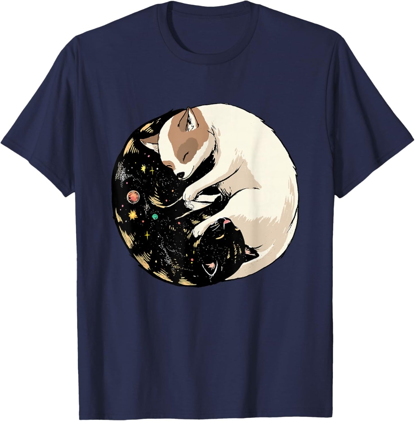 Space Cat Dog Shirt Yin Yang Cat Dog Meditation Astronomy T-Shirt - T-Shirt | Navy