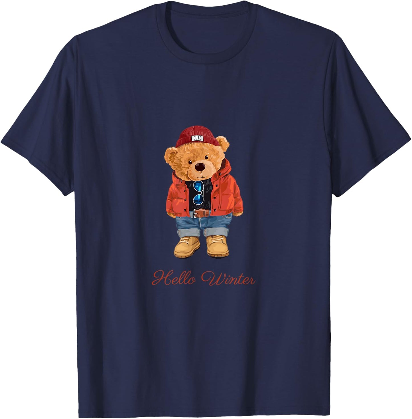 Hello Winter Cool Teddy Bear Cartoon Graphic Designs Fun T-Shirt - T-Shirt | Navy