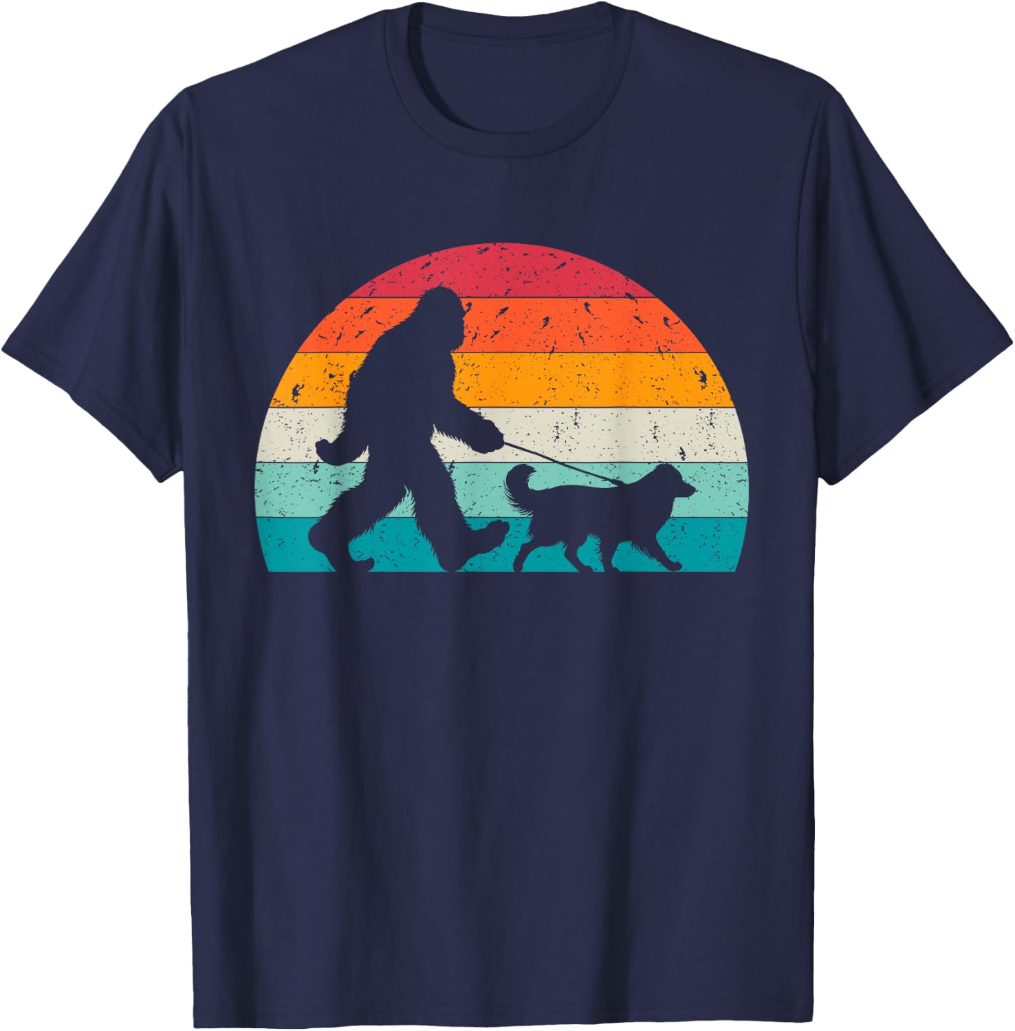Bigfoot Walking a Dog Funny Australian Shepherd Lovers T-Shirt - T-Shirt | Navy