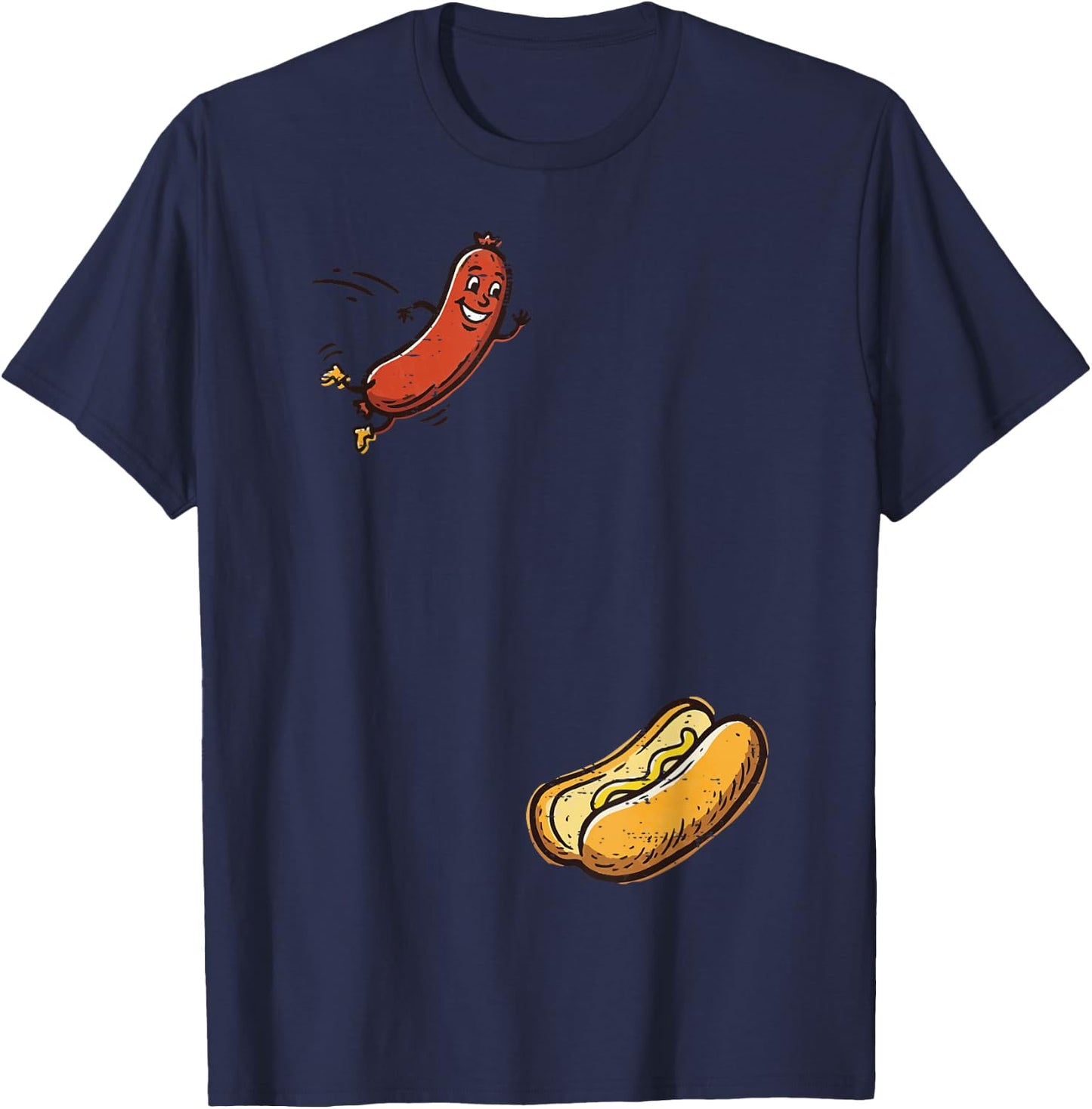 Hotdog Jumping Into Bun Funny Hot Dog Sausage Men Women Kids T-Shirt - T-Shirt | Navy