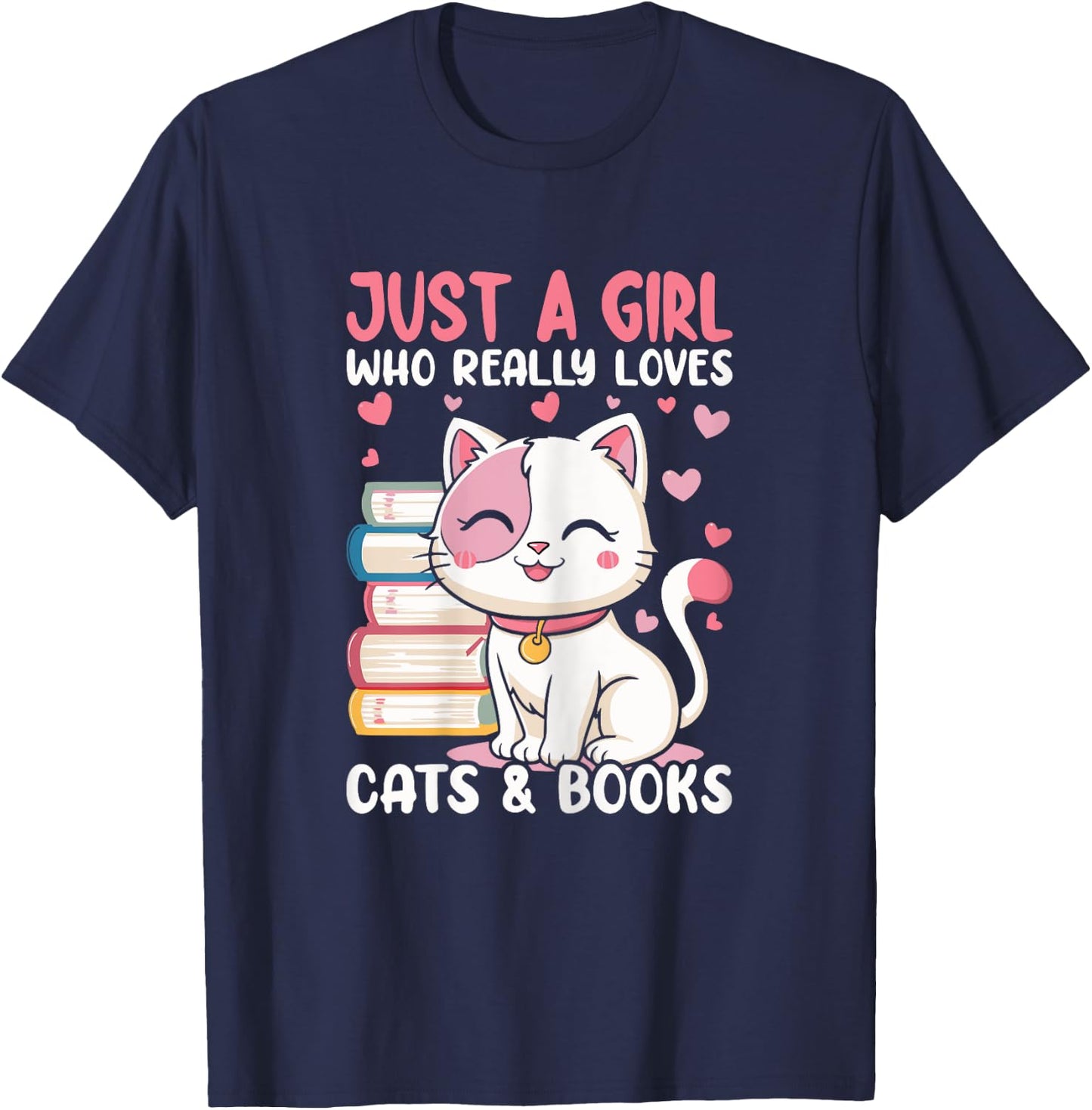 Girl Who Loves Cats and Books Cute T-Shirt - T-Shirt | Navy