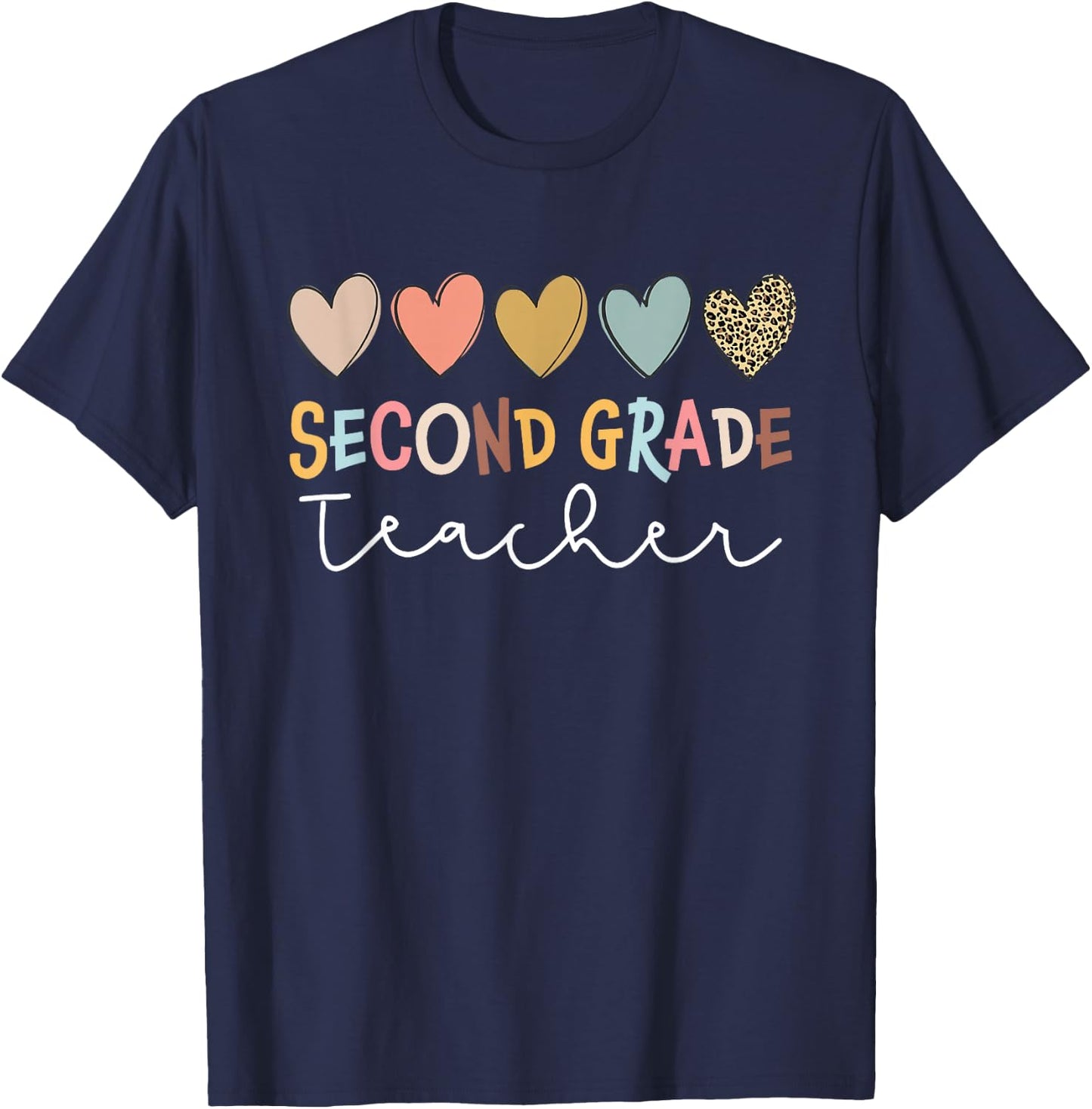 Cute Retro Heart Leopard Second Grade Teacher Back To School T-Shirt - T-Shirt | Navy