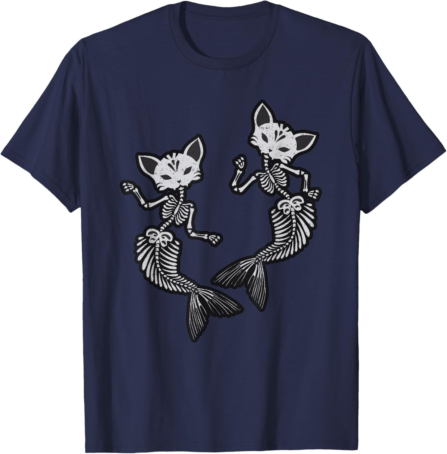 Kitty Cat Mermaid Skeleton Halloween Fantasy Men Women Kids T-Shirt - T-Shirt | Navy