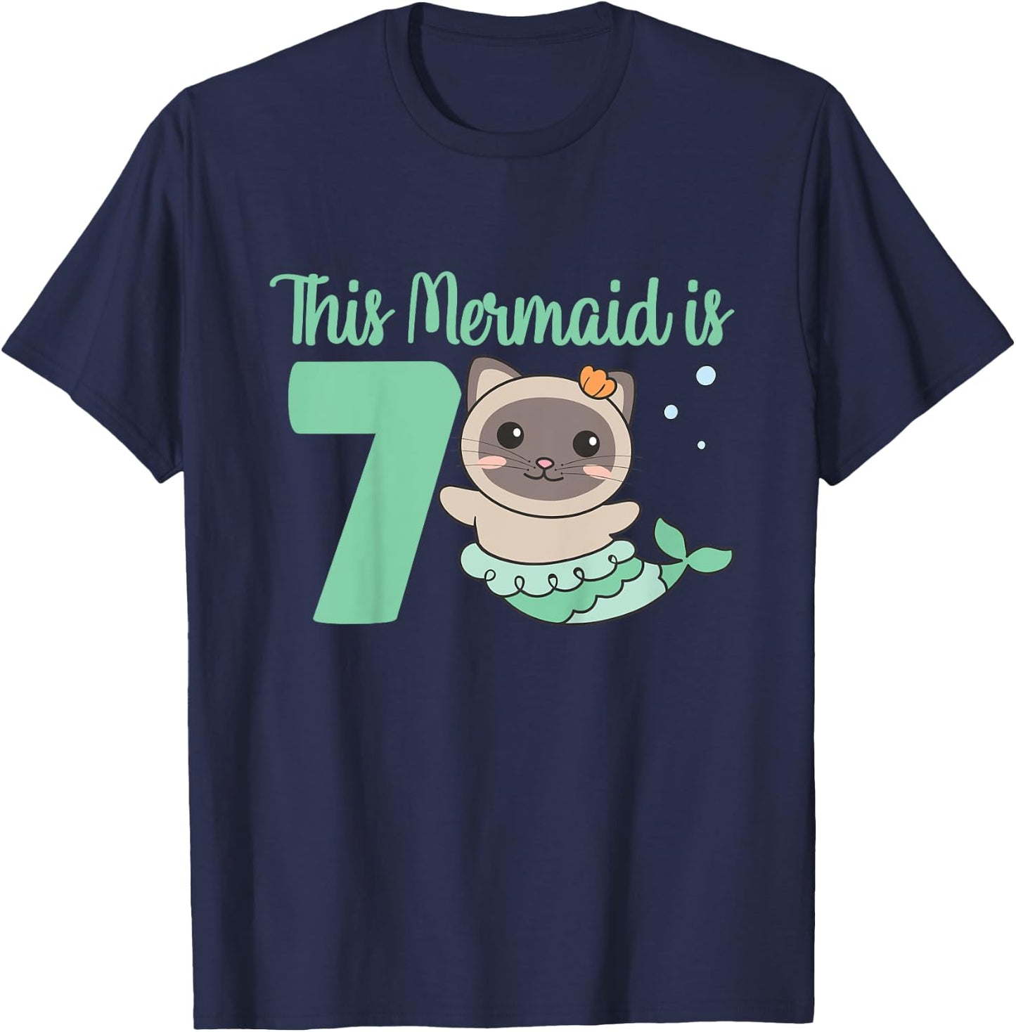 7th Birthday Cat This Mermais Is 7 Cat Mermaid for Kids T-Shirt - T-Shirt | Navy