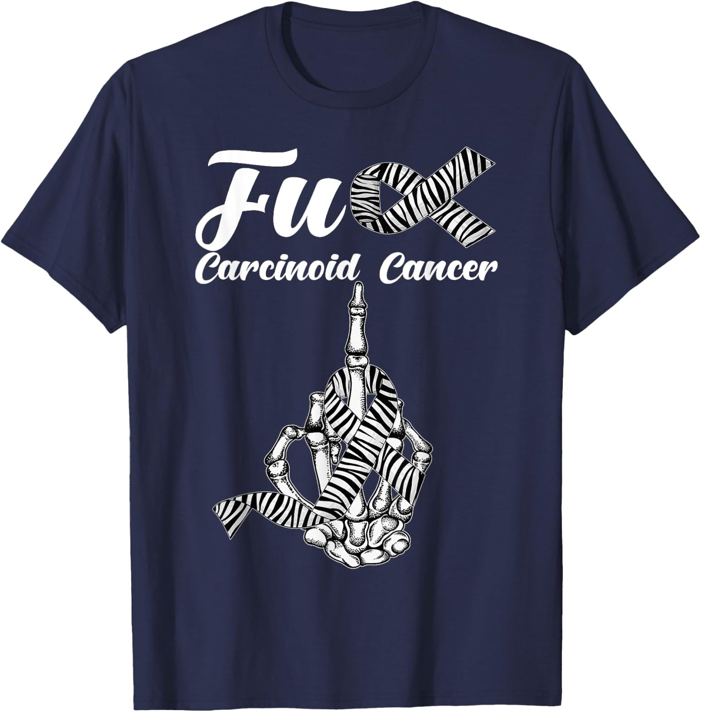Skeleton Middle Finger Zebra Stripe Ribbon Carcinoid Cancer T-Shirt - T-Shirt | Navy