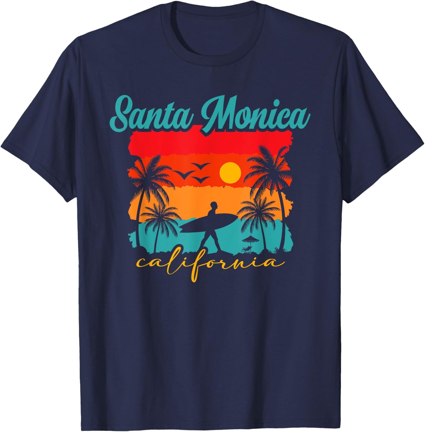 Santa Monica California Surfing Adventure , Black, S T-Shirt - T-Shirt | Navy