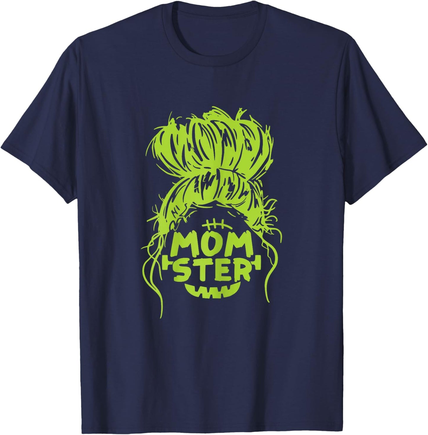 Momster Halloween Costume Funny Skull Mom Messy Hair Bun T-Shirt - T-Shirt | Navy
