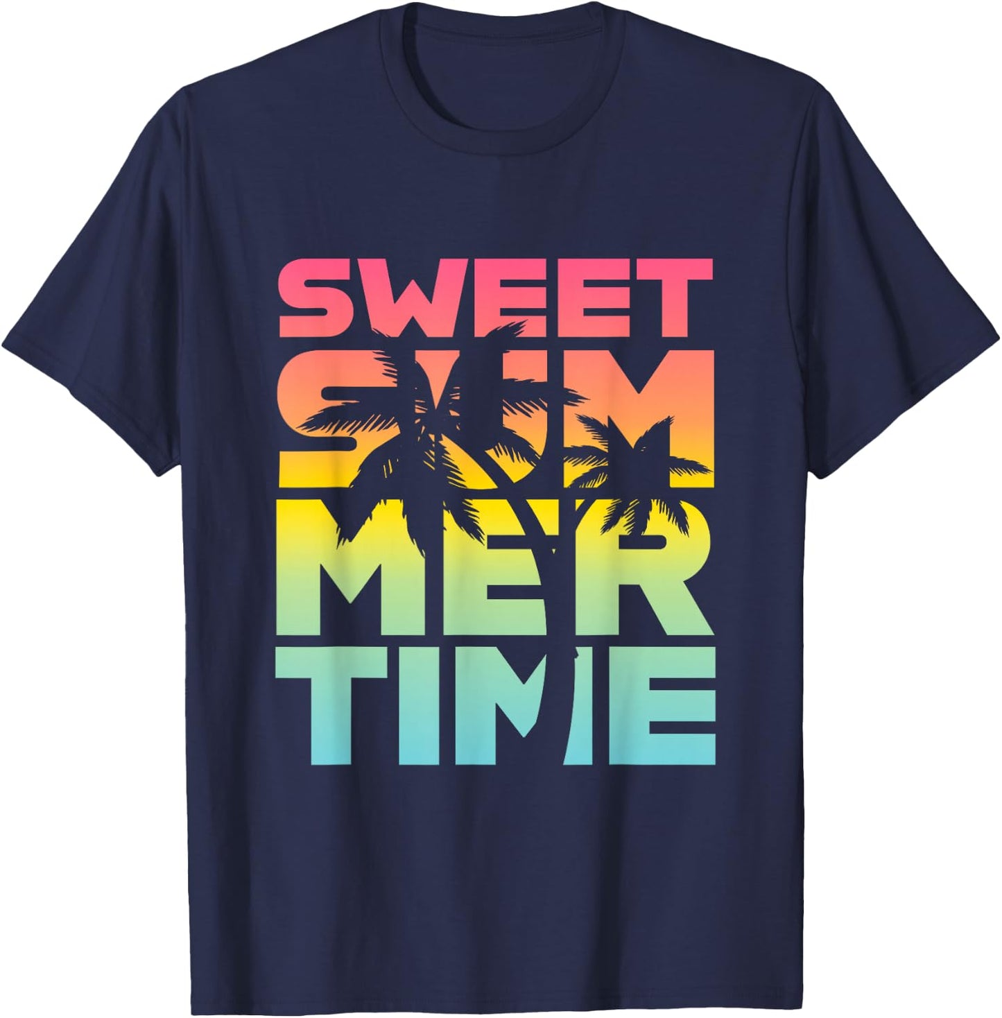Summer Time Summer Retro Colourful Happy Holiday Palm Trees Beach , black T-Shirt - T-Shirt | Navy