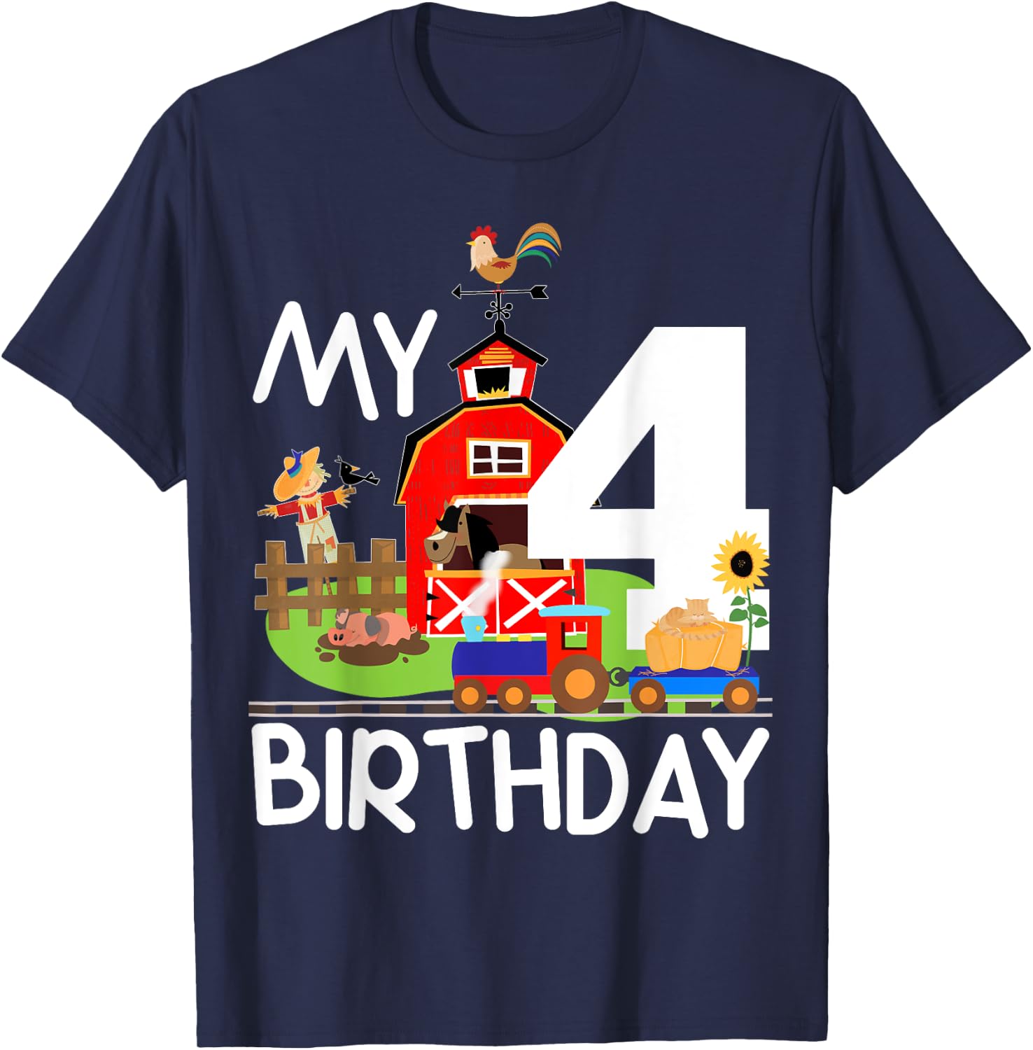 4th Birthday Farm Birthday Train Party Cow Pig Horse Chicken T-Shirt - T-Shirt | Navy