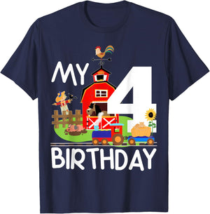 4th Birthday Farm Birthday Train Party Cow Pig Horse Chicken T-Shirt - T-Shirt | Navy
