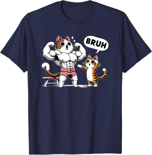 Gym Cats Bruh Meme Training Say Jokes Animal T-Shirt - T-Shirt | Navy