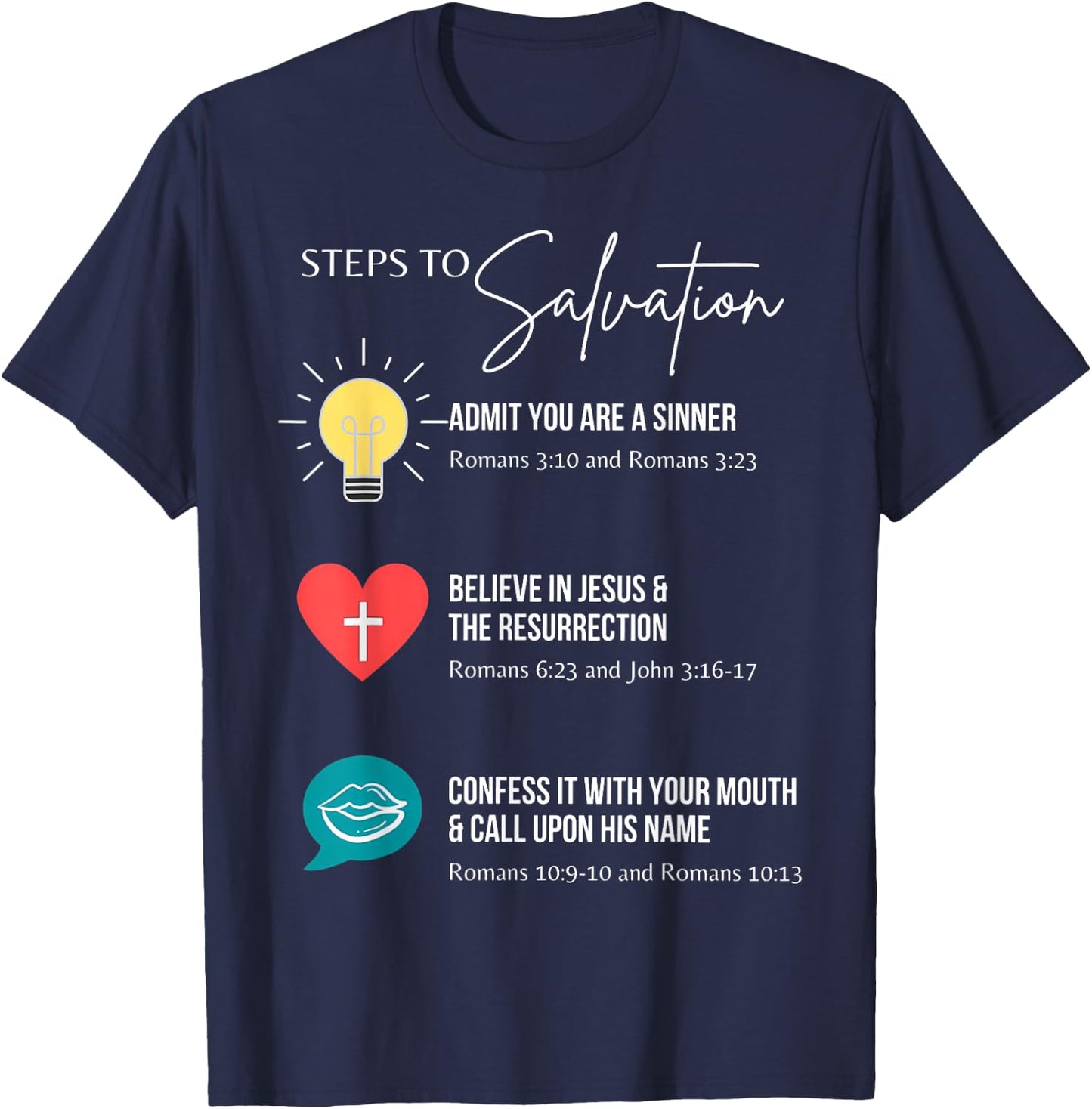 Steps To Salvation Romans 10;9 Thru 13 John 3 16 Christian T-Shirt - T-Shirt | Navy