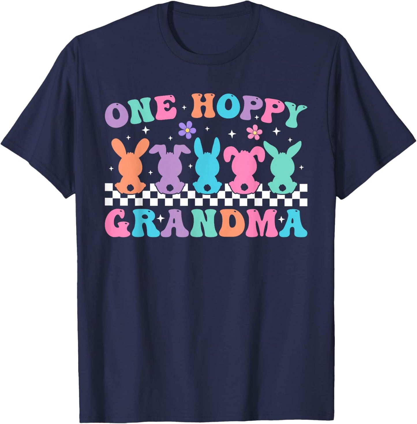 One Hoppy Grandma Retro Groovy Bunny Easter Day 2026 T-Shirt - T-Shirt | Navy
