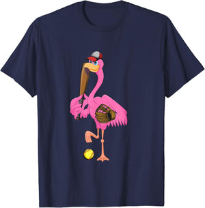Flamingo Playing Softball Matching Player Coach Birds Lover T-Shirt - T-Shirt | Navy