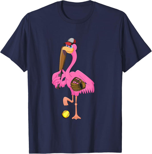 Flamingo Playing Softball Matching Player Coach Birds Lover T-Shirt - T-Shirt | Navy