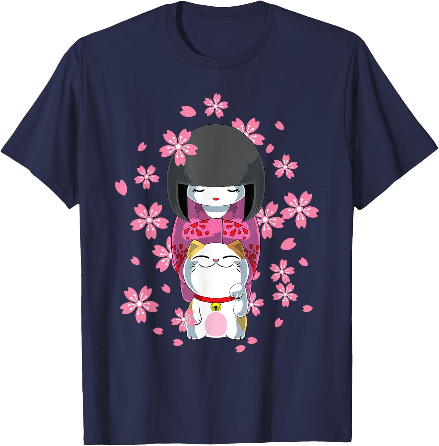 Japanese Kawaii Kokeshi and Cat Lucky Charm , Black T-Shirt - T-Shirt | Navy