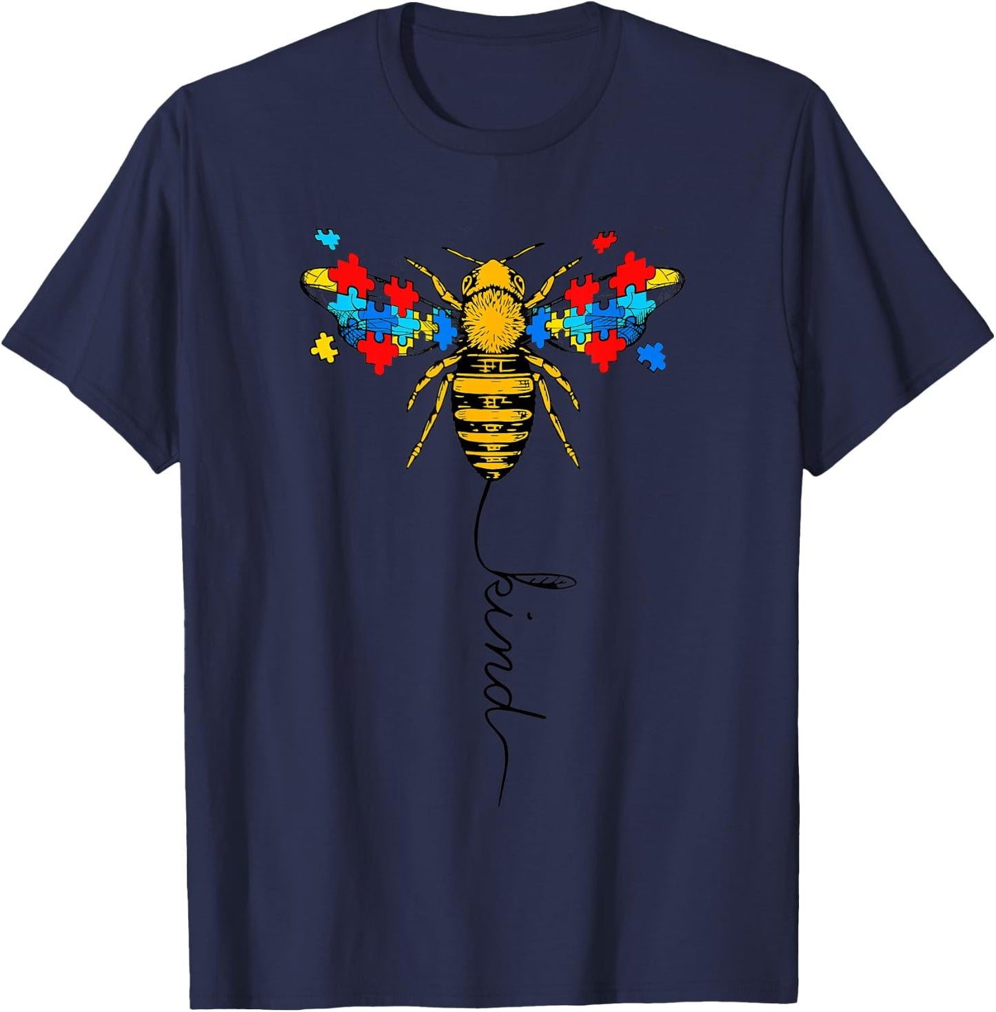 Autism Awareness Support Teacher Mom Bee Kind Puzzle Pieces T-Shirt - T-Shirt | Navy