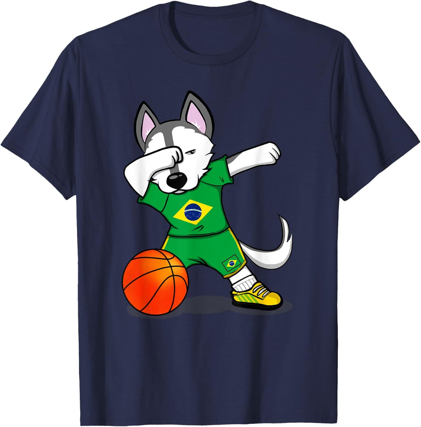 Dabbing Husky Brazil Basketball Fans Jersey Brazilian Flag T-Shirt - T-Shirt | Navy