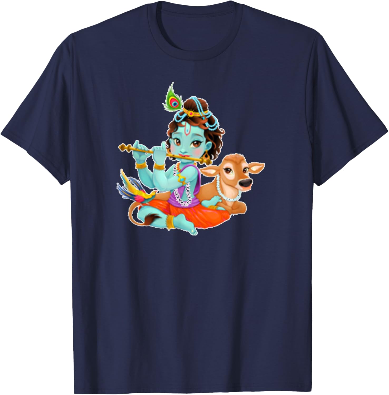 Hindu God Lord Shri Krishna with Cow and Bird T-Shirt - T-Shirt | Navy