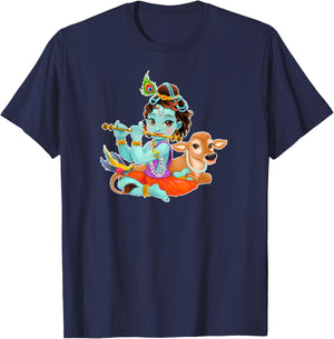 Hindu God Lord Shri Krishna with Cow and Bird T-Shirt - T-Shirt | Navy