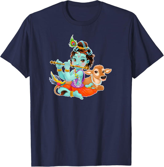 Hindu God Lord Shri Krishna with Cow and Bird T-Shirt - T-Shirt | Navy