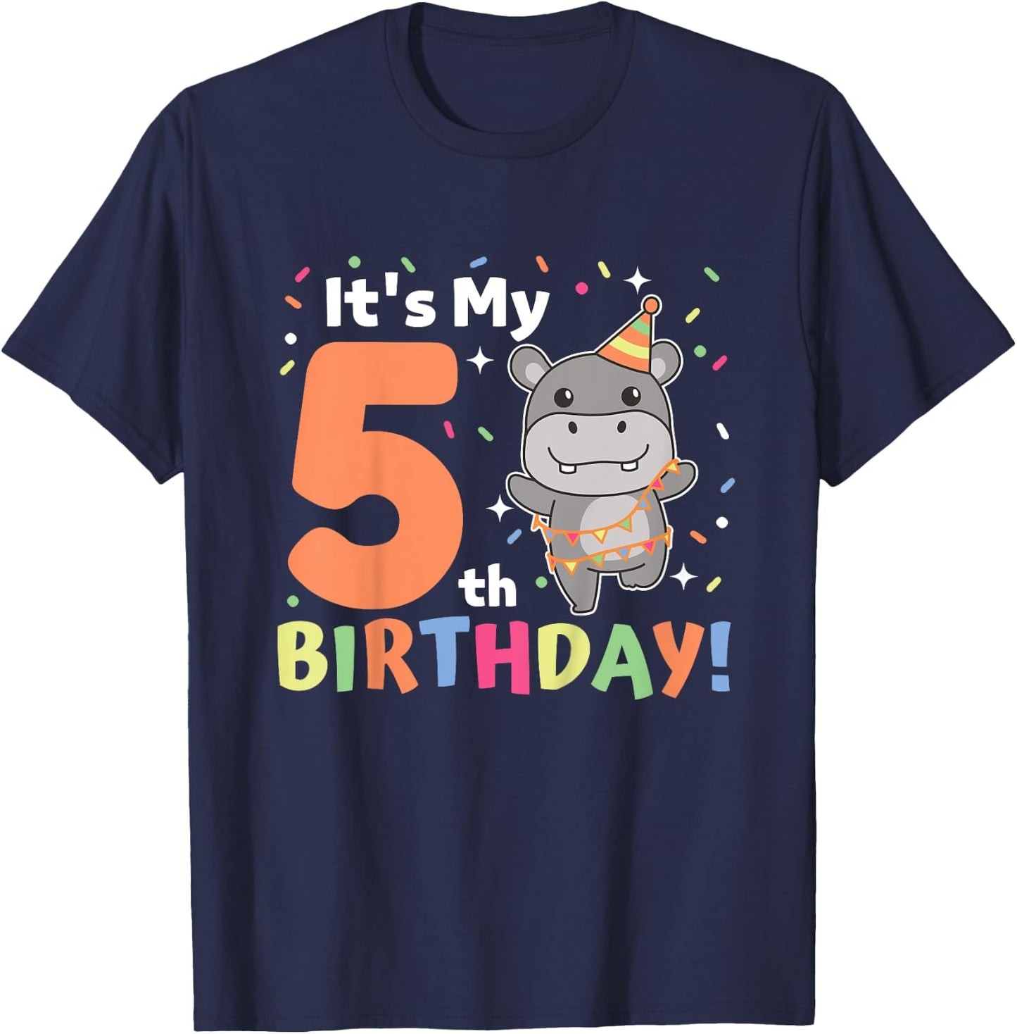 Kids Hippo 5th Birthday For Kids Five Years Old T-Shirt - T-Shirt | Navy