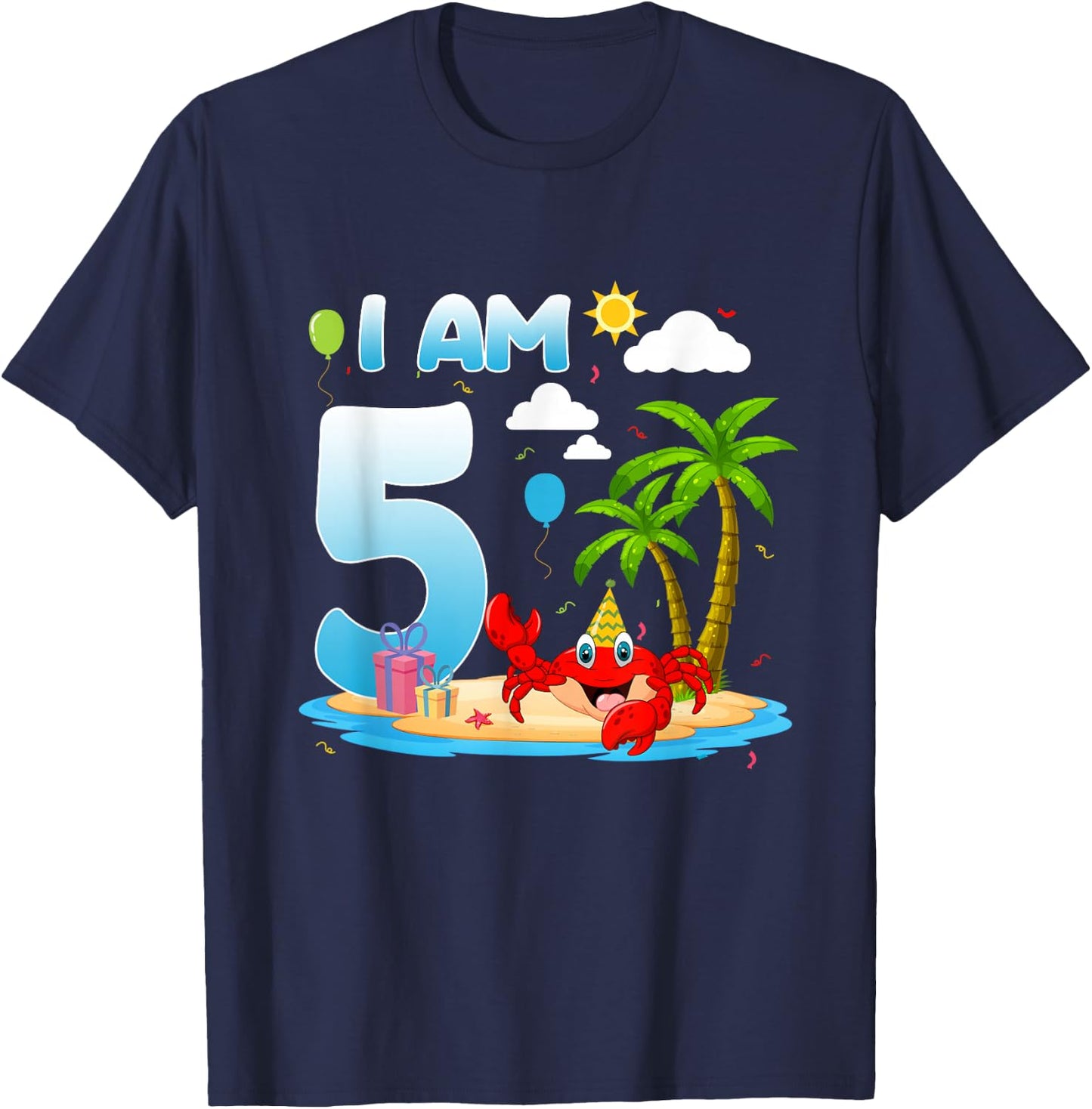 5th Birthday Crab Summer Beach 5 Year Old Bday Party Kids T-Shirt - T-Shirt | Navy
