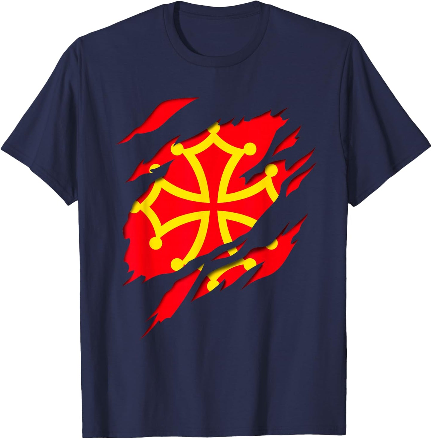 Occitanie Flag Crest Ripped 3D Effect France , Black, S T-Shirt - T-Shirt | Navy