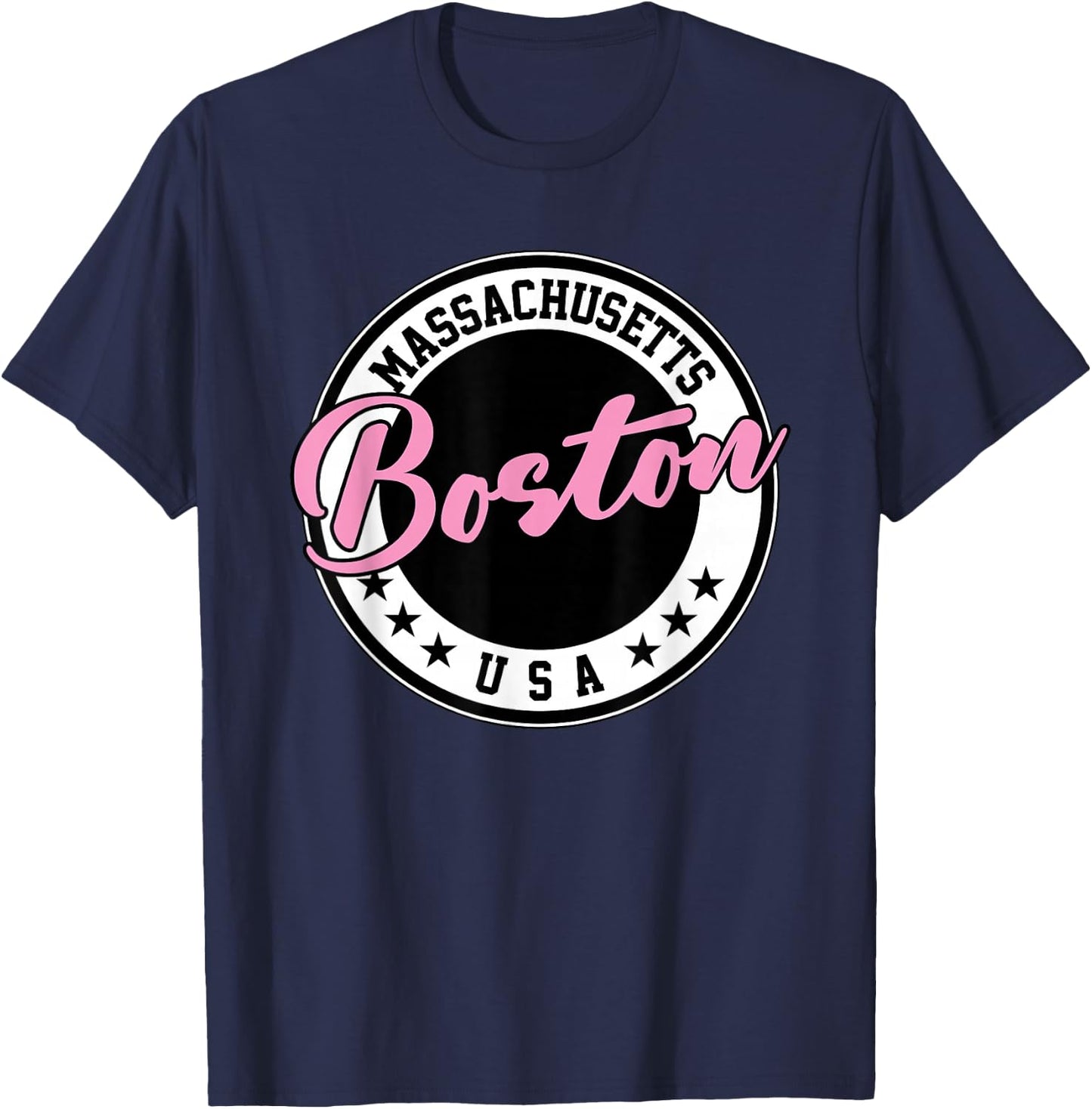 Boston Massachusetts Script Circle Pink Text T-Shirt - T-Shirt | Navy