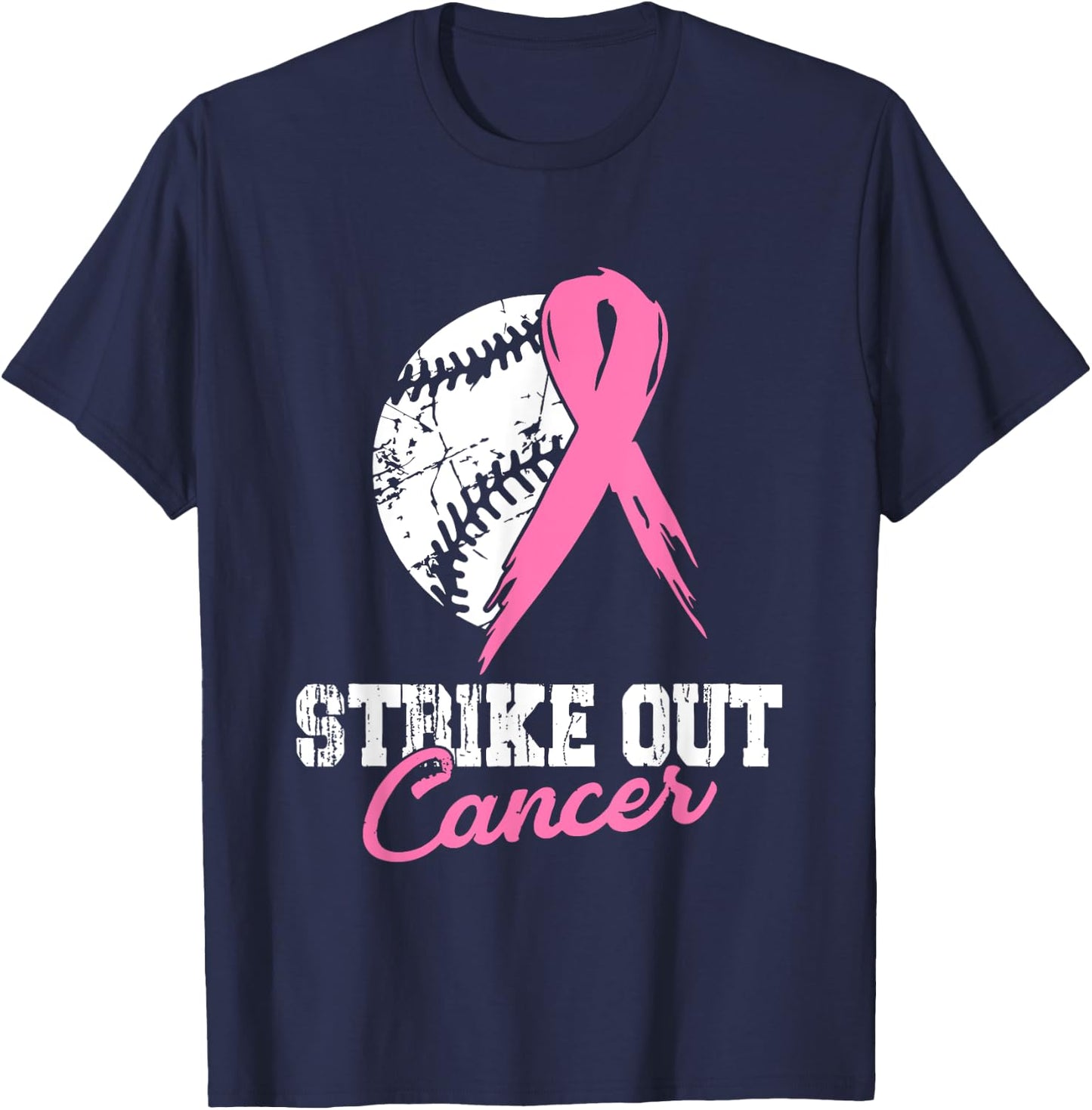 Strike Out Breast Cancer Awareness Pink Ribbon Baseball T-Shirt - T-Shirt | Navy