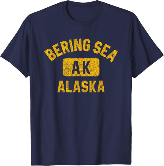 Bering Sea Alaska Gym Style Distressed Amber Print T-Shirt - T-Shirt | Navy